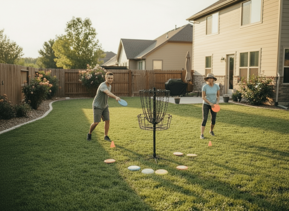 practicing disc golf in backyard